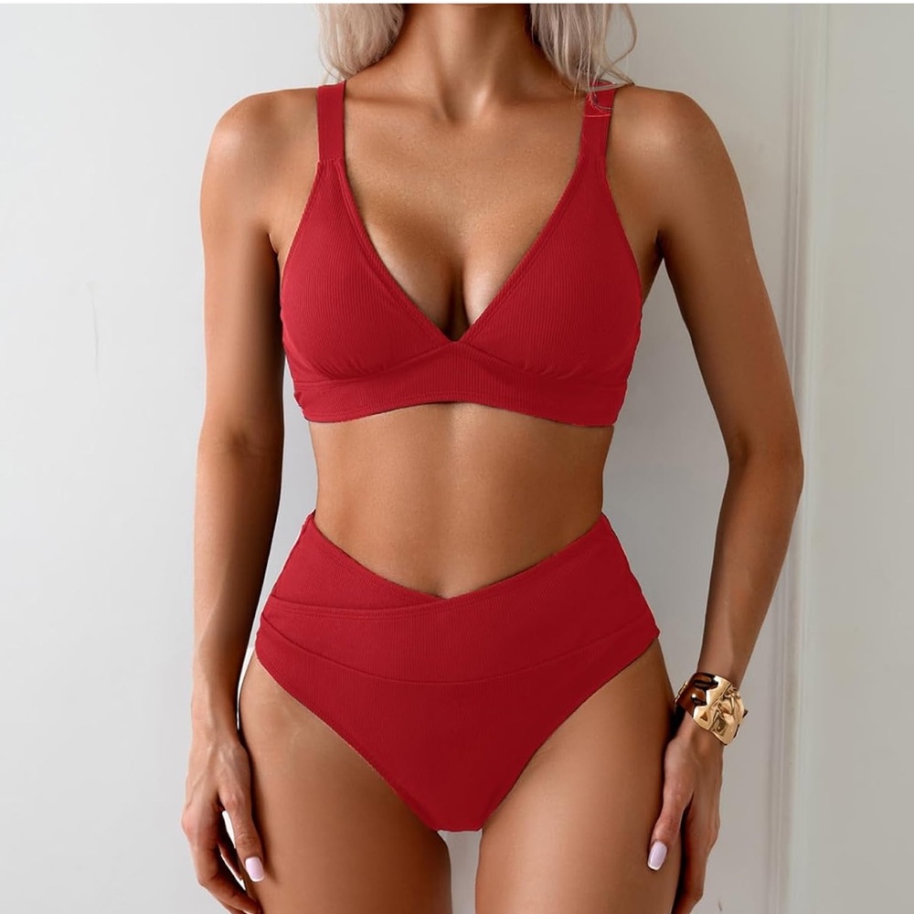 Sexy Ribbed Bikini Womens High Waisted V-Cut Cheeky High Leg Tummy Control Red